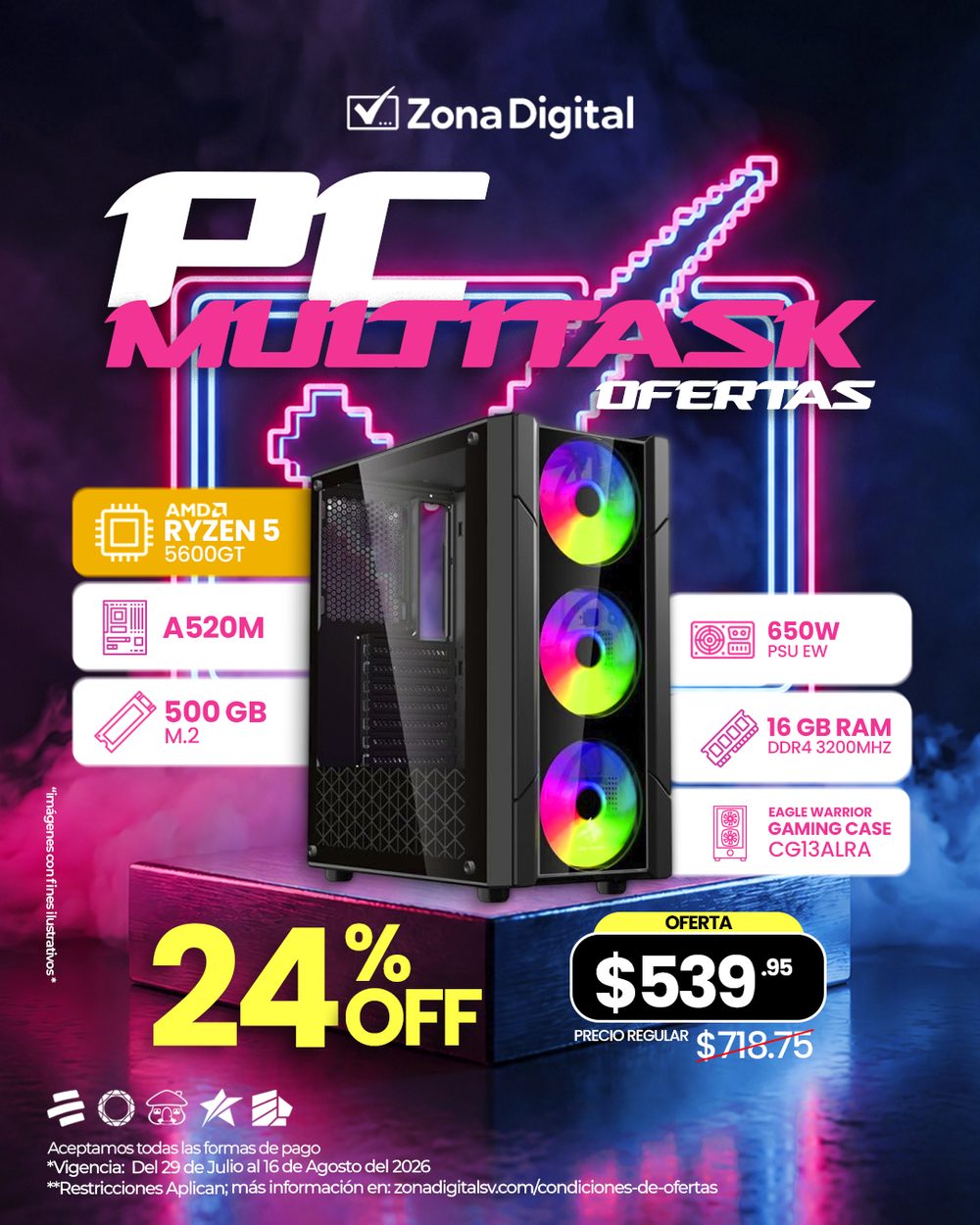 Pc ryzen 5
procesador ryzen 5 5600gt
motherboard gigabyte a520m
memoria ram hiksemi16gb ddr4 3200mhz
unidad m.2 500gb western digital
psu ew 650w
gaming case ew cg13alra